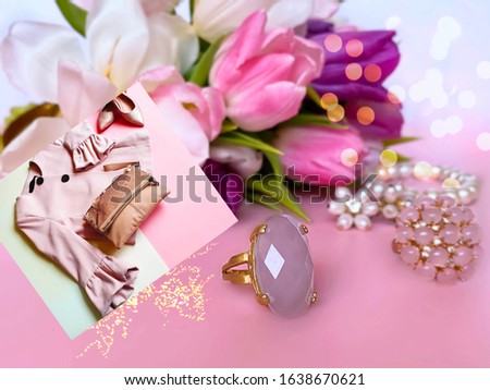 fashion women accessories and clothes set , gold leather handbag, jacket, jewelry white pearl  and pink opal gold ring   spring flowers  concept set collage 