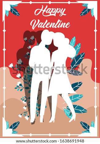 Red Clip Art Happy Valentine’s Day Vector Illustration of a White Sillhouette Romantic Couple in Love who Hug and Kiss. Couple in Love on Leaf Background for Gift, Greeting Card, Wallpaper
