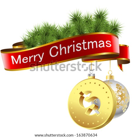 Illustration of Christmas decorations with dollar, ribbon and toys isolated on white background. Vector.