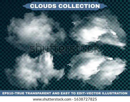 Realistic clouds on a blue heavenly backdrop. Vector illustrations kit. Fresh template with soft colors. White transparent, isolated elements for design. Smoke or thunderclouds.