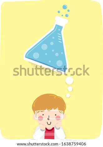 Illustration of a Kid Boy Wearing Laboratory Gown and Goggles and Thinking About His Experiment with a Big Glass Flask with Chemicals Inside