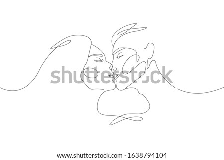 Kiss of two lovers, portrait in one continuous line. Minimal tattoo line art. Valentine's day symbol of love.