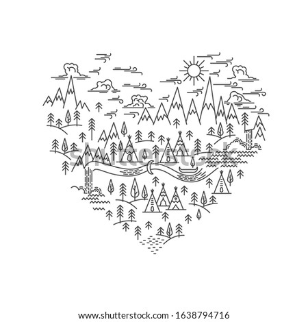 Heart shape banner for Nature Traveling in line style. Line landscape into heart. Love for nature travel concept print. Vector illustration.