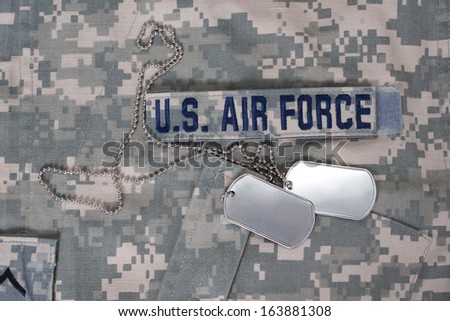 us air force camouflaged uniform with blank dog tags