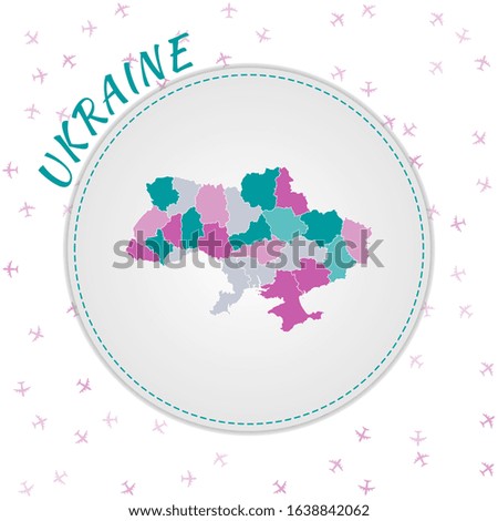 Ukraine map design. Map of the country with regions in emerald-amethyst color palette. Rounded travel to Ukraine poster with country name and airplanes background. Neat vector illustration.