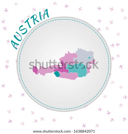 Austria map design. Map of the country with regions in emerald-amethyst color palette. Rounded travel to Austria poster with country name and airplanes background. Neat vector illustration.