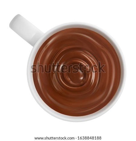 Swirl in a cup of hot chocolate top view isolated on white