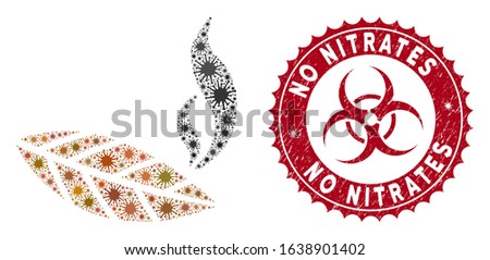 Coronavirus mosaic smoking tobacco leaf icon and rounded grunge stamp watermark with No Nitrates caption. Mosaic vector is formed with smoking tobacco leaf icon and with random viral symbols.