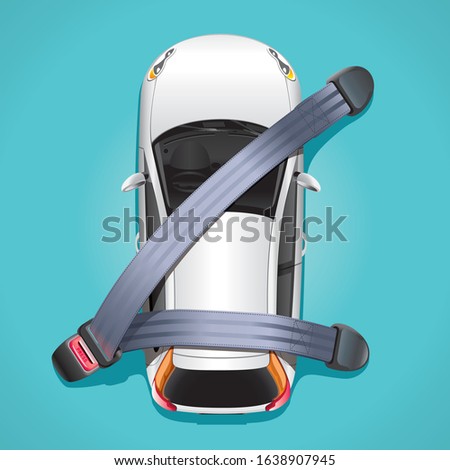 The concept of safety in a car. A white car on a blue background is attached seat belts and protected from crashes and accidents.