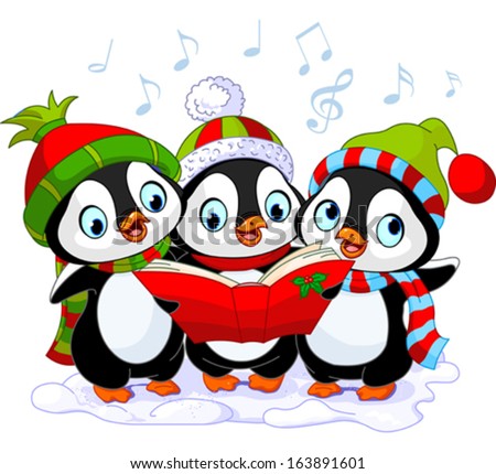 Three cute Christmas carolers penguins
