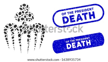 Mosaic gambling spectre monster and distressed stamp seals with Of the President Death text. Mosaic vector gambling spectre monster is designed with randomized ellipse spots.