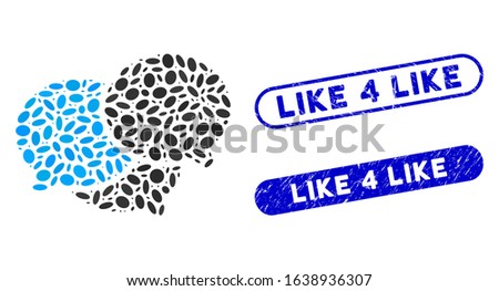 Mosaic webinar and rubber stamp seals with Like 4 Like phrase. Mosaic vector webinar is created with scattered ellipse parts. Like 4 Like stamp seals use blue color, and have round rectangle shape.