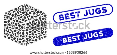 Mosaic isometric cube and distressed stamp seals with Best Jugs text. Mosaic vector isometric cube is designed with random ellipse parts. Best Jugs stamp seals use blue color,