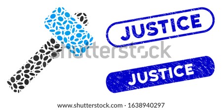 Mosaic hammer and grunge stamp seals with Justice phrase. Mosaic vector hammer is composed with scattered elliptic spots. Justice stamp seals use blue color, and have round rectangle shape.