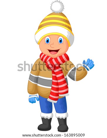 Cartoon illustration of a boy in Winter clothes waving