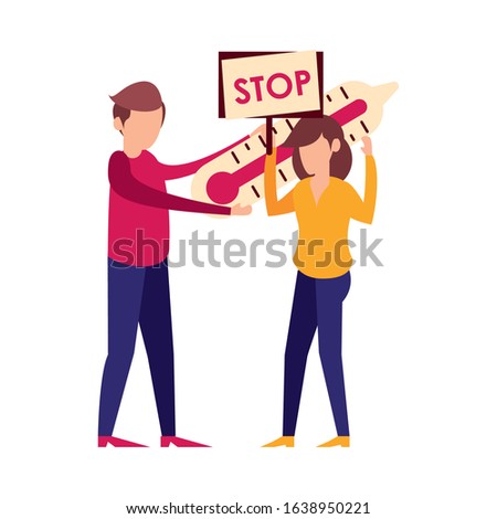 couple lifting thermometer and protest label vector illustration design