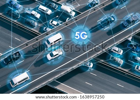 Motion Of Self-driving car connected 5G Technology Concept , IOT 5G Connection Concept