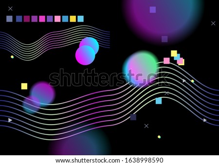 Abstract background. Pattern. Vector artwork. Retrowave, synthwave, rave, vapor. Yesterday’s tomorrow. Trendy retro 80s 90s style. Print, poster, banner. Blue, black, pink, yellow, green, purple color