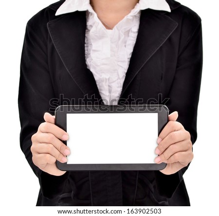 Business woman holding a tablet computer, isolated on white background