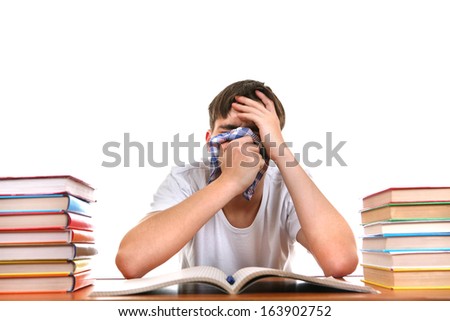 Sick Student at the School Desk Isolated on the white background