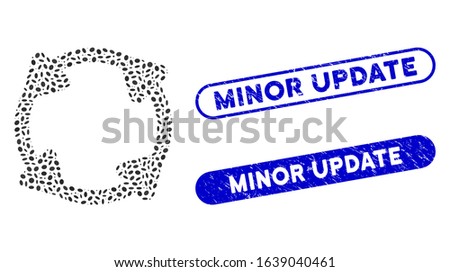 Mosaic rotate and grunge stamp seals with Minor Update text. Mosaic vector rotate is formed with scattered oval items. Minor Update stamp seals use blue color, and have round rectangle shape.