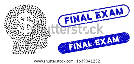 Mosaic business idea and grunge stamp watermarks with Final Exam caption. Mosaic vector business idea is designed with scattered oval items. Final Exam stamp seals use blue color,