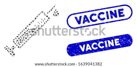 Collage vaccine and distressed stamp seals with Vaccine text. Mosaic vector vaccine is created with random elliptic spots. Vaccine stamp seals use blue color, and have round rectangle shape.