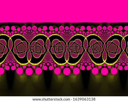 A hand drawing pattern made of fuchsia dots and yellow on a black background 