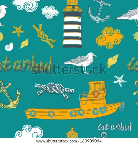 Istanbul seamless pattern in vector with lighthouse and boat.