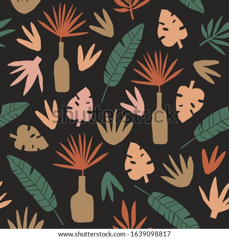 Seamless pattern with Colorful tropical leaves and vases in simple flat style. Vector illustration for print, wrapping paper, fabric, background.