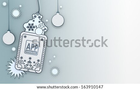  illustration of a christmas label with app download card in front of a ice blue background with gradient to white and space for own content and text