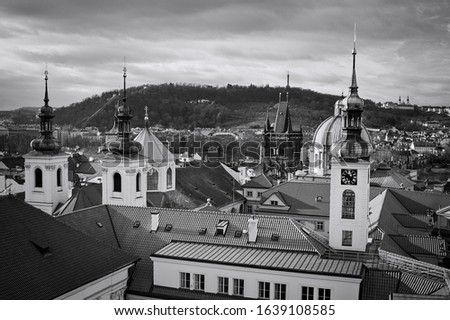 Panoramic view of the towers and spires of the historical buildings of Prague (Czech Republic, Europe)