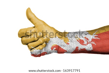 Old woman giving the thumbs up sign, isolated, flag of Bhutan