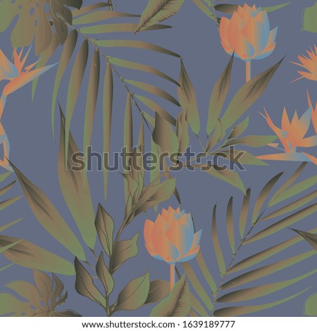 Lotus flowers surrounded by palm leaves seamless pattern. Vector illustration with tropical plants. EPS10