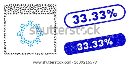 Mosaic gear options calendar page and grunge stamp seals with 33.33% text. Mosaic vector gear options calendar page is designed with random ellipse spots. 33.33% seals use blue color,