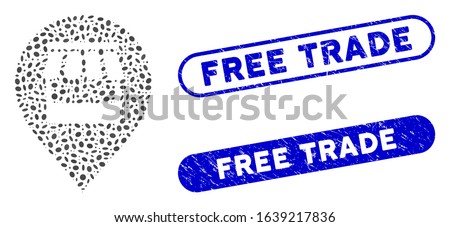 Mosaic market marker and rubber stamp seals with Free Trade phrase. Mosaic vector market marker is formed with randomized ellipse dots. Free Trade seals use blue color, and have round rectangle shape.