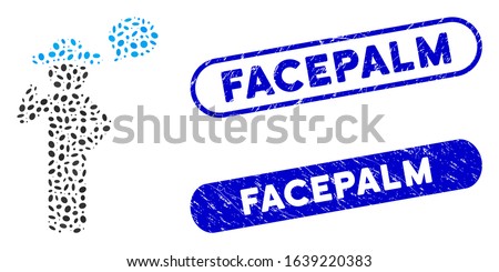 Mosaic gentleman speech and corroded stamp seals with Facepalm text. Mosaic vector gentleman speech is composed with random oval elements. Facepalm stamp seals use blue color,