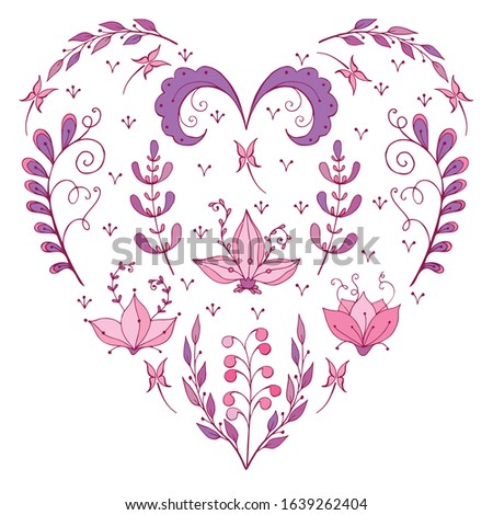 Vector romantic heart design made of stylized cherry flowers, berries, herbs. For love cards, greetings, weddings, Valentine's Day. Wall sticker, cover. For various printing and design.
