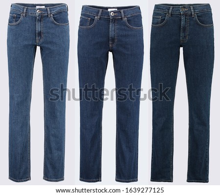 Collection of classic women’s jeans in a straight silhouette. Isolated image on a white background. 