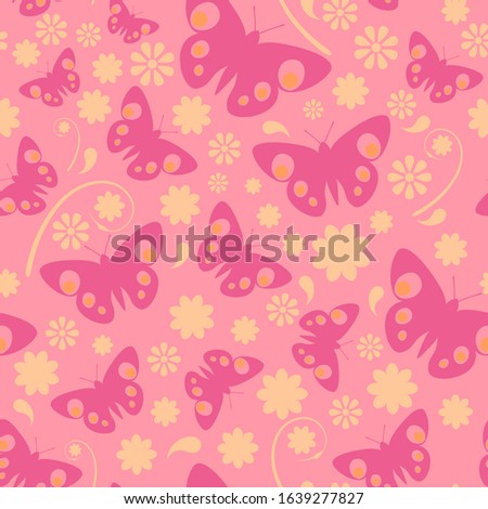 Seamless pattern with butterflies and floral romantic elements. Great for textiles, banners, scrapbooking, wallpapers, wrapping paper, notebook covers. Swatch included.