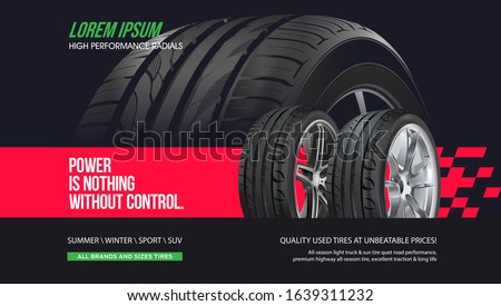 Tire shop vector banner of car wheel tyres with tread track price offer. Tire shop, spare parts and auto service discount promotion design. Editable graphic layout. Black Friday sale. Royalty-Free Stock Photo #1639311232