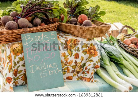 A sign for fresh vegetables at a farmer's market on Bainbridge Island, Washington Royalty-Free Stock Photo #1639312861
