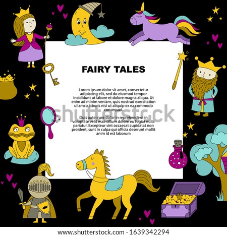 Fairy tale greeting card. Hand drawn doodle illustration with unicorn, king, queen, horse, tree, frog, mirror, gold pot, knight etc.
