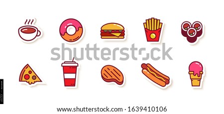 Set of Colored Icons of Fast Food dishes in the Style of the Material Design with a Thin Line and Shadow. Steak, Donuts, Pizza, Coffee, French Fries, Sushi, Hot Dog, Ice Cream, Cold Drinks, Hamburger