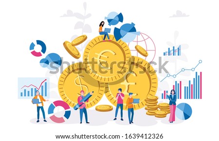 Business concept, People interacting with charts and analyzing statistics. money. Business analysis, Using pie diagrams. Data visualization concept. Vector illustration for web banner, mobile. 
