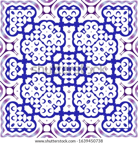 Ornamental azulejo portugal tiles decor. Colored design. Vector seamless pattern trellis. Blue gorgeous flower folk print for linens, smartphone cases, scrapbooking, bags or T-shirts.