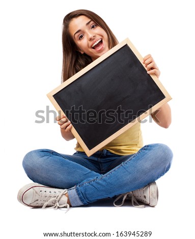 girl holding a chalkboard isolated on white background