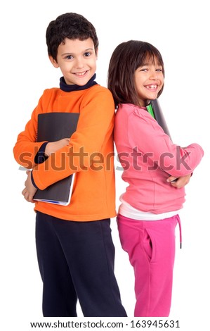 little kids holding school books isolated in white