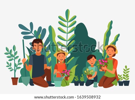 Happy family gardening. Eco friendly ecology concept. Nature conservation vector illustration