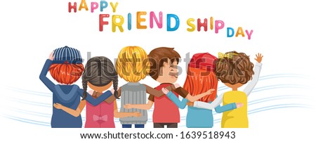 Friendship concept. Happy kids greeting card. Friend group of people hugging together rear view. Different nationalities are different. Variety of children. Boys and girls students. 